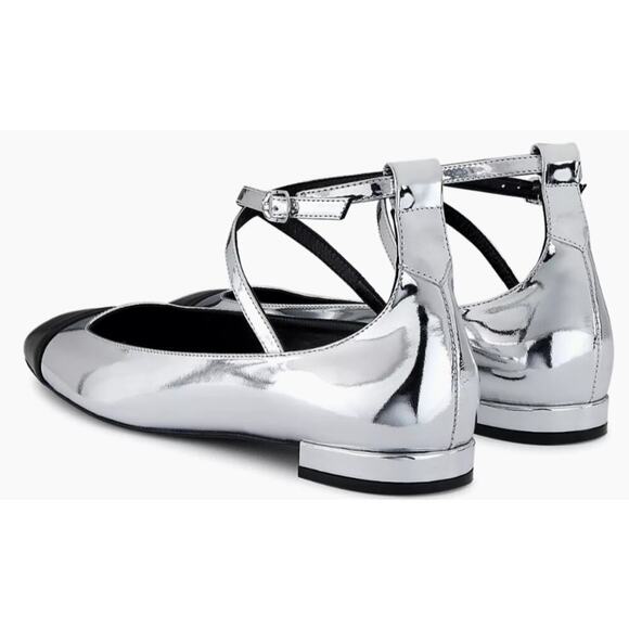 NIB Stuart Weitzman Silver and Black Leather Eden Cross Strap Ballet Flats US 8 - Picture 6 of 9
